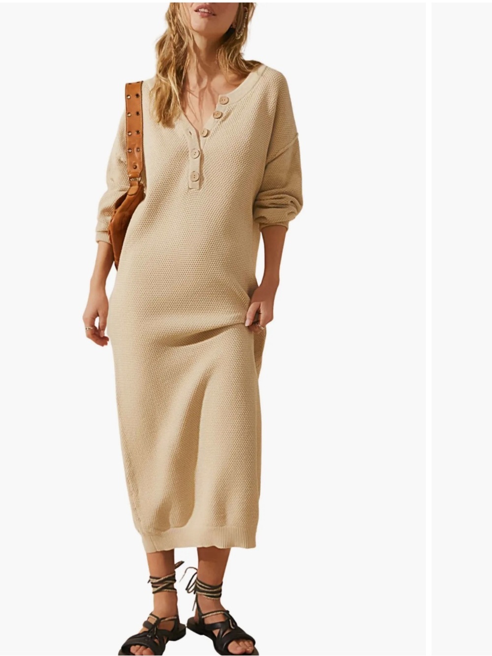 Free People free-est Hailee Waffle Knit Henley Sweater Midi Dress Oatmeal XS